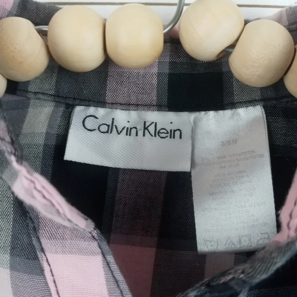 Calvin Klein girls 3-6 mos light pink with gray plaid long sleeve ruffle dress